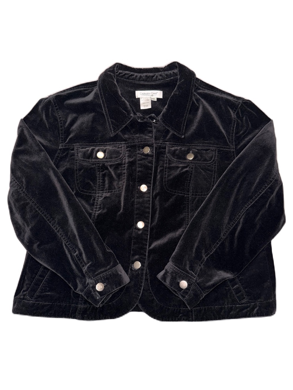 Coldwater Creek PXL Black Velvet Button Jacket Snap Pockets Trucker Coat EUC